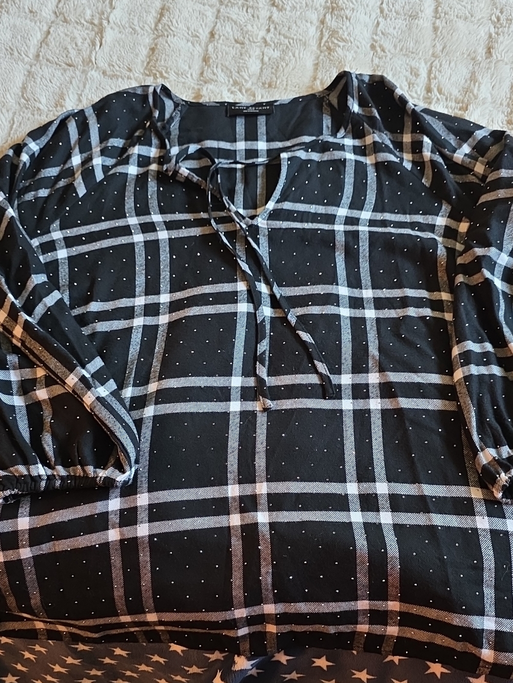 Lane Bryant Black Plaid Tie-Neck Tunic with Embelishments.
